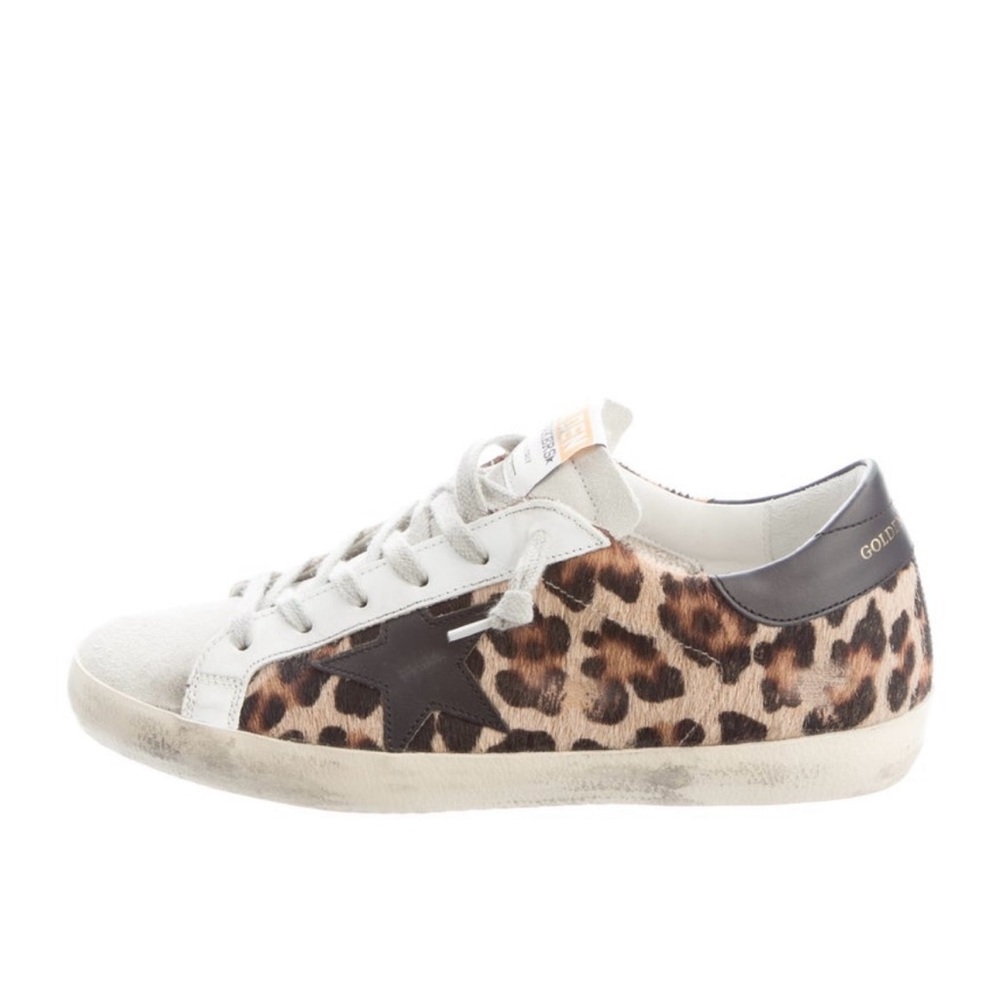 Golden Goose White and Brown Leopard Sneakers